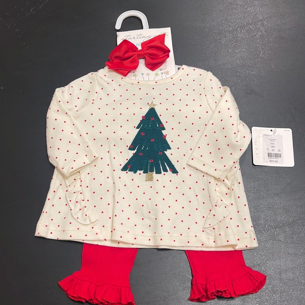 Starting Out Christmas set w hair bow. Size 3 months.